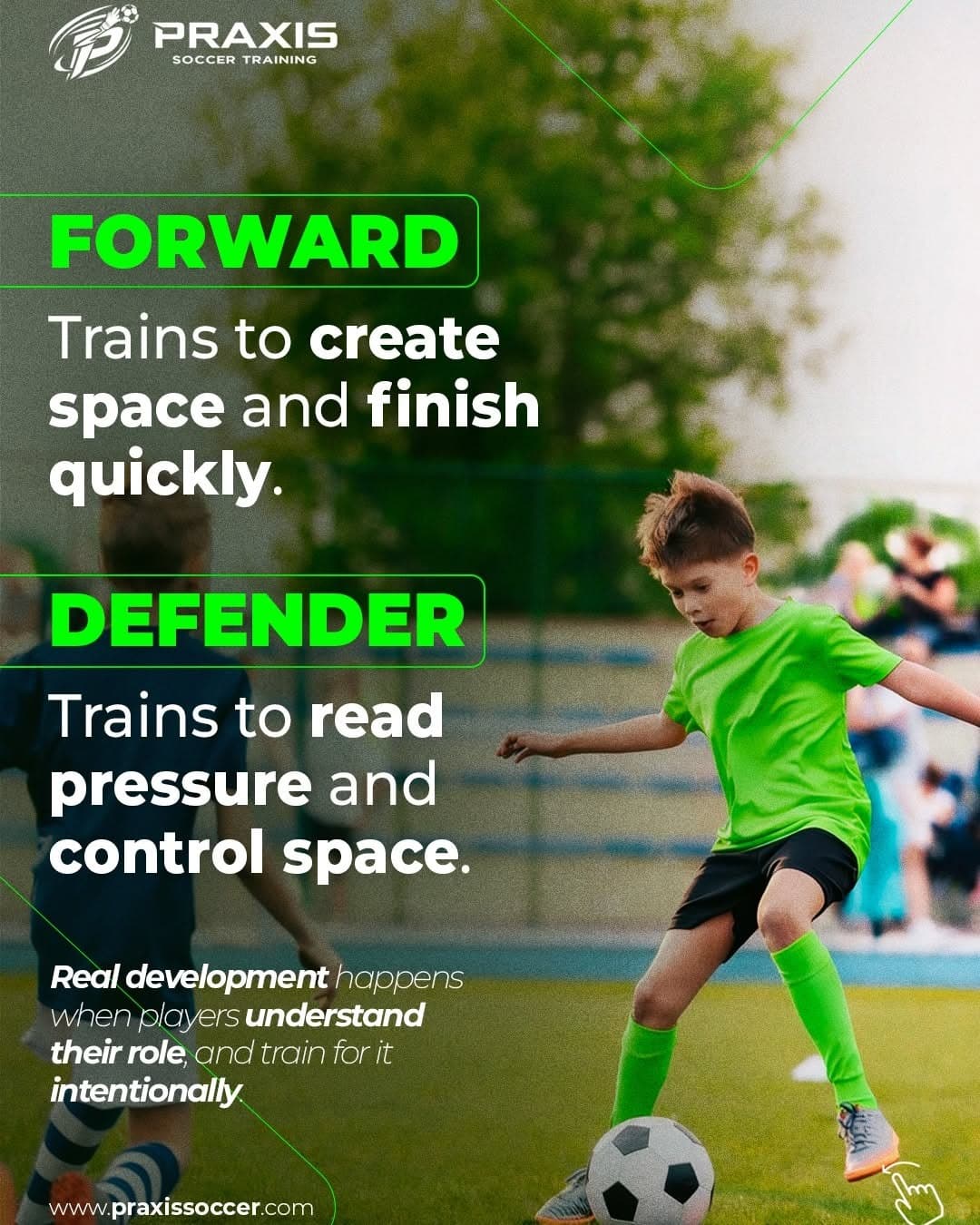 Forward trains to create space and finish quickly. Defender trains to read pressure and control space.